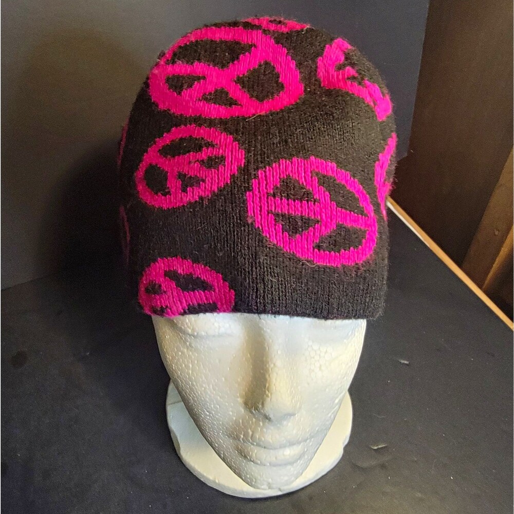 KidsAcrylic Knit Beanie Hat, Black Pink Peace Graphic, Stretch, One Size